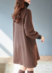 Classy Chocolate High Neck Patchwork Thick Knit Dress Spring