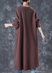 Classy Chocolate Oversized Chinese Button Linen Long Cardigan Spring