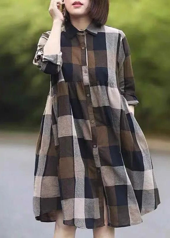 Classy Colorblock Peter Pan Collar Plaid Cotton Shirts Dress Spring