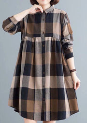 Classy Colorblock Peter Pan Collar Plaid Cotton Shirts Dress Spring