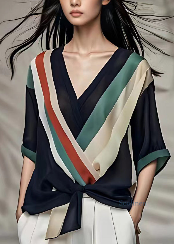 Classy Colorblock Tie Waist Chiffon Shirts Fall