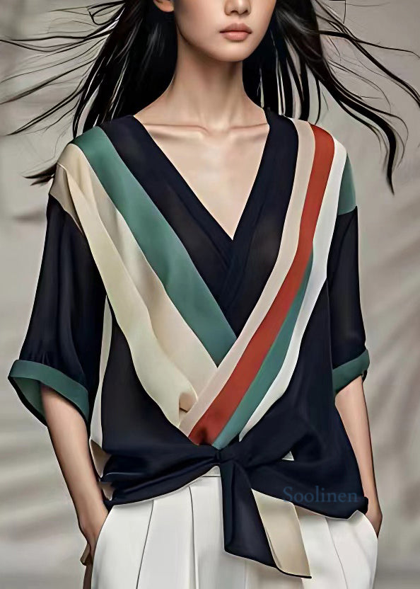 Classy Colorblock Tie Waist Chiffon Shirts Fall