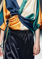 Classy Colorblock V Neck Cinched Silk Blouses Summer