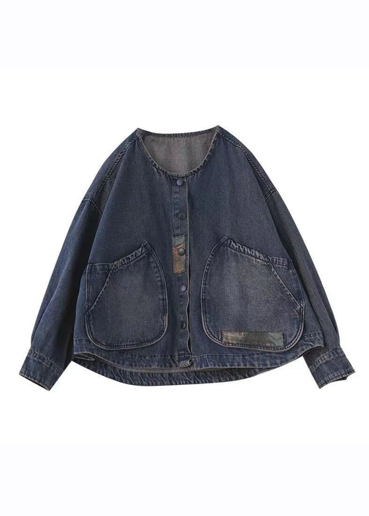 Classy Dark Blue O-Neck Pockets Patchwork Denim Coats Long Sleeve