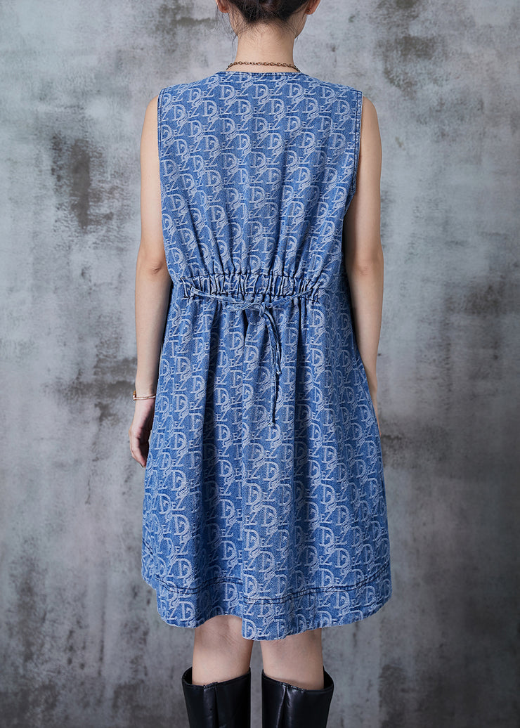 Classy Denim Blue Bow Patchwork Big Pockets Mid Dress Summer