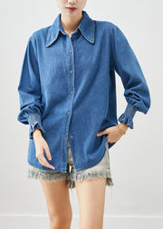 Classy Denim Blue Oversized Cotton Shirt Lantern Sleeve