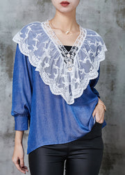 Classy Denim Blue Peter Pan Collar Patchwork Lace Cotton Shirts Spring