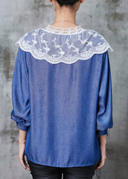 Classy Denim Blue Peter Pan Collar Patchwork Lace Cotton Shirts Spring