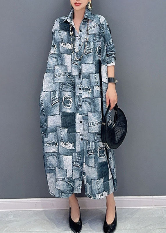 Classy Denim Blue Peter Pan Collar Print Button Maxi Shirts Dress Long Sleeve