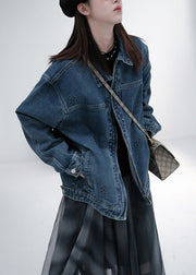 Classy Denim Blue Stand Collar Floral Patchwork Pockets Coats Fall