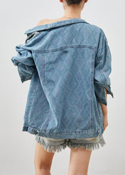 Classy Denim Blue Zip Up Patchwork Cotton Coats Fall