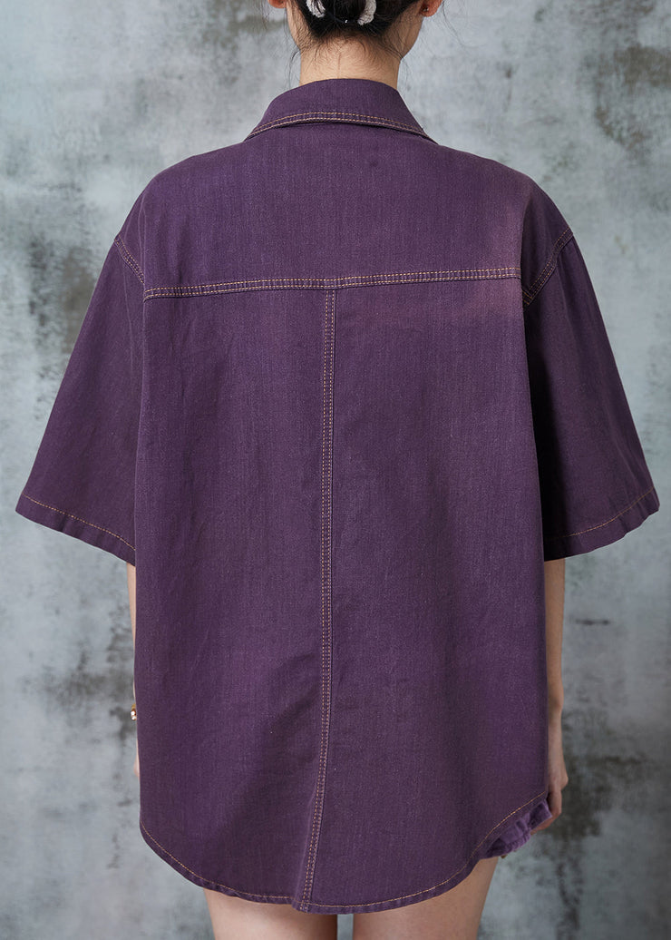 Classy Dull Purple Zip Up Oversized Denim Shirt Top Summer