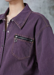 Classy Dull Purple Zip Up Oversized Denim Shirt Top Summer