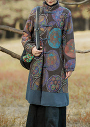 Classy Flower Colour Stand Collar Pockets Print Cotton Coats Long Sleeve