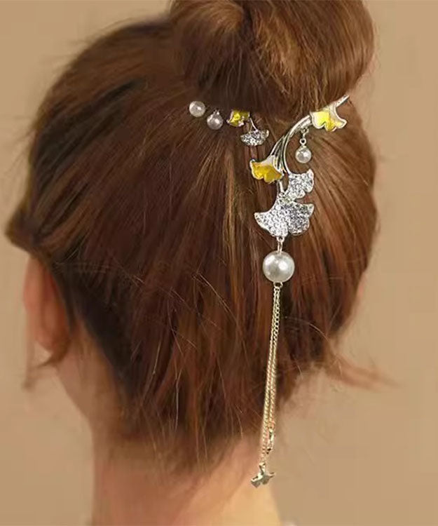 Classy Gold Alloy Zircon Ginkgo Leaves Tassel Hairpin