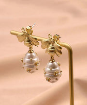 Classy Gold Copper Overgild Zircon Bee Pearl  Drop Earrings