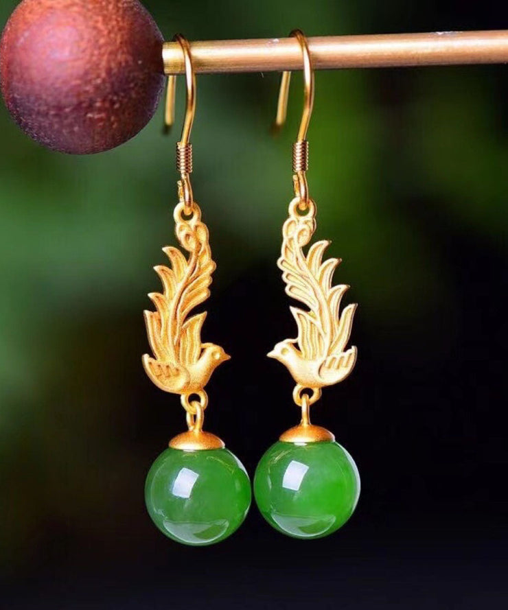 Classy Gold Phoenix Sterling Silver Overgild Jade Drop Earrings