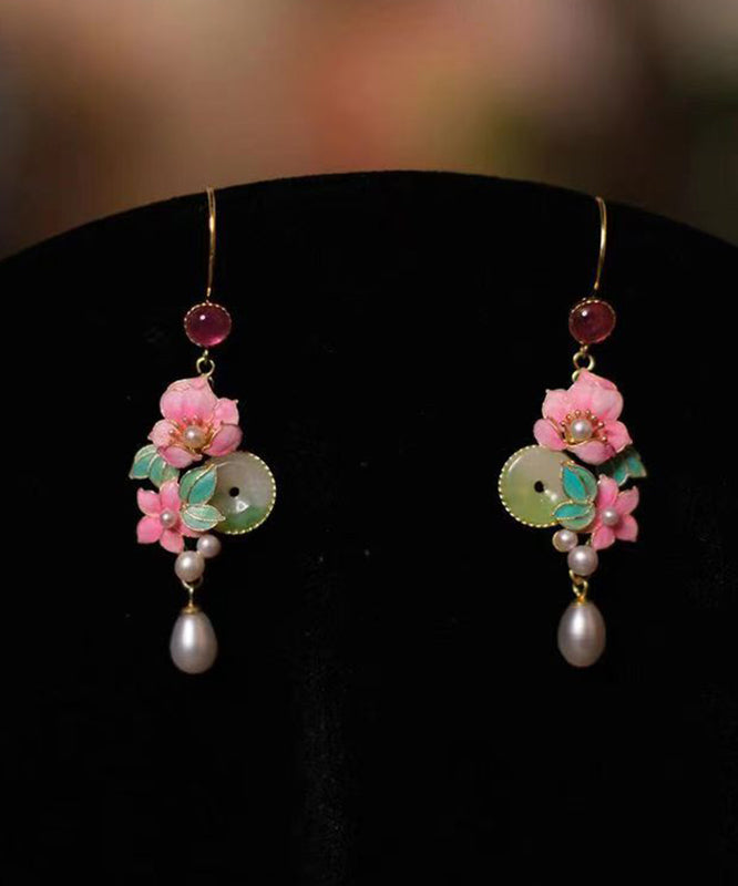 Classy Gold Sterling Silver Overgild Jade Pearl Floral Drop Earrings