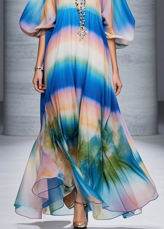 Classy Gradient Color Print Chiffon Robe Dresses Lantern Sleeve