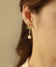 Classy Green Copper Overgild Asymmetry Pearl Tassel Bamboo Leaf Drop Earrings