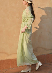 Classy Green Embroidered Lace Up Chiffon Long Dresses Long Sleeve