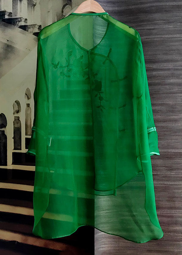 Classy Green Embroideried Patchwork Chinese Button Silk Mid Dress Summer