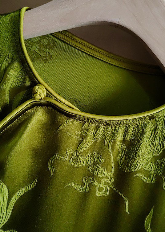 Classy Green O Neck Jacquard Silk Shirt Top Long Sleeve