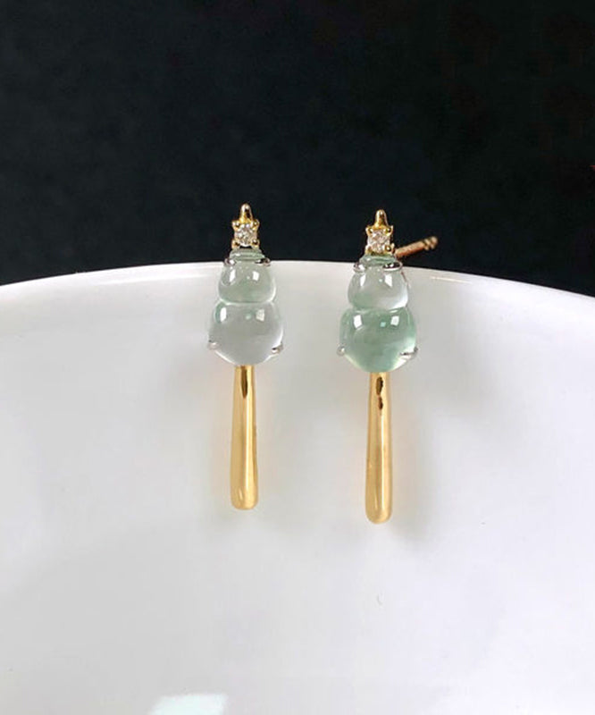 Classy Green Sterling Silver Overgild Chalcedony Zircon Glass Gourd Drop Earrings