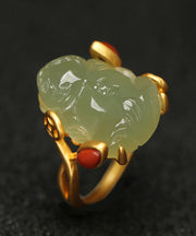 Classy Green Sterling Silver Overgild Jade A Mythical Wild Animal Rings