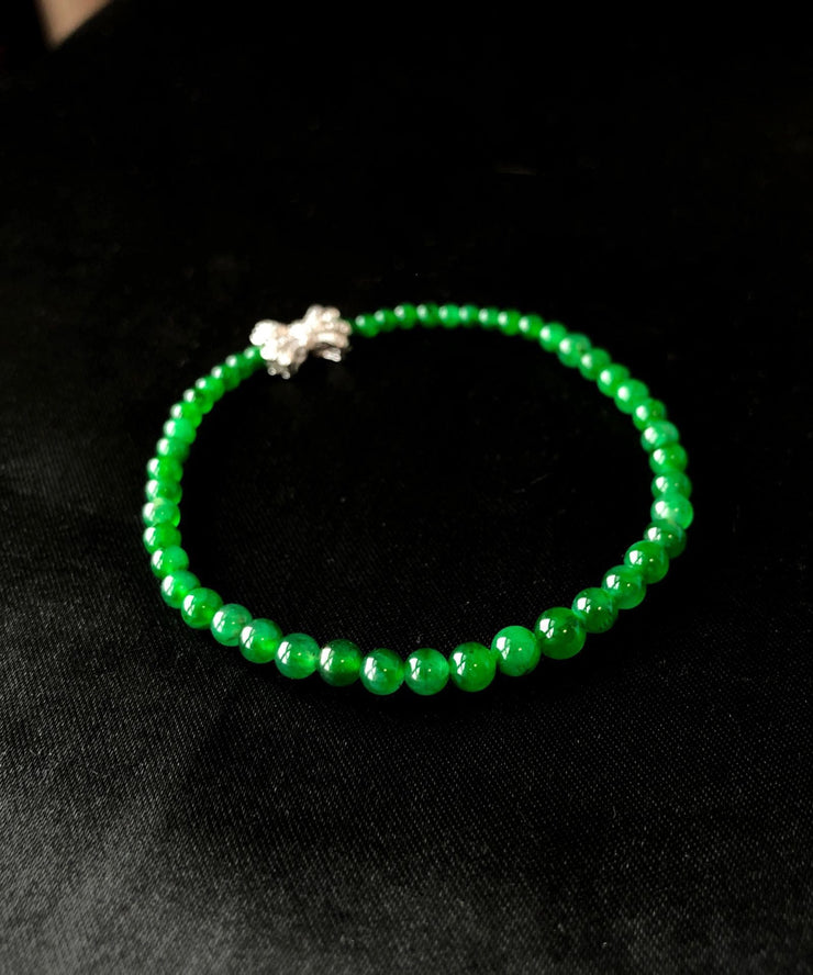 Classy Green Sterling Silver Zircon Jade Bow Chain Bracelet