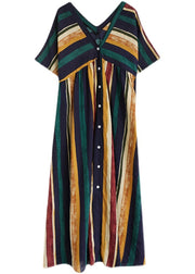 Classy Green V Neck Multicolour Striped Button Linen Ankle Dress Summer