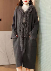 Classy Grey Fox Collar Lace Up Patchwork Knit Coats Winter