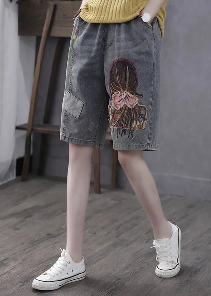 Classy Grey Print Embroideried Elastic Waist Straight Shorts Summer