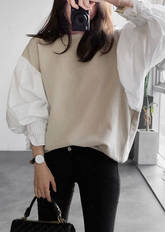 Classy Khaki O Neck Patchwork Cotton Blouses Spring