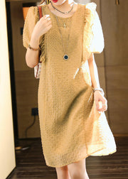 Classy Khaki O-Neck Ruffled Patchwork Chiffon Dresses Summer