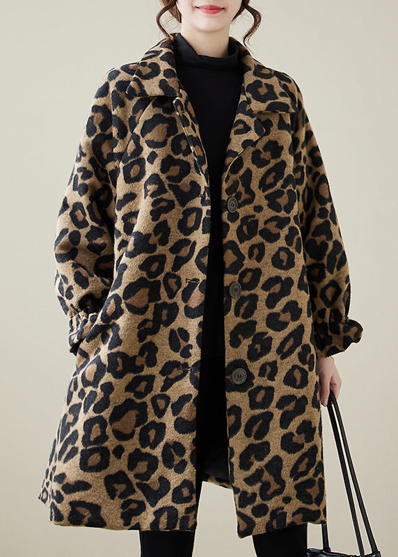 Classy Khaki Oversized Leopard Print Woolen Coats Winter