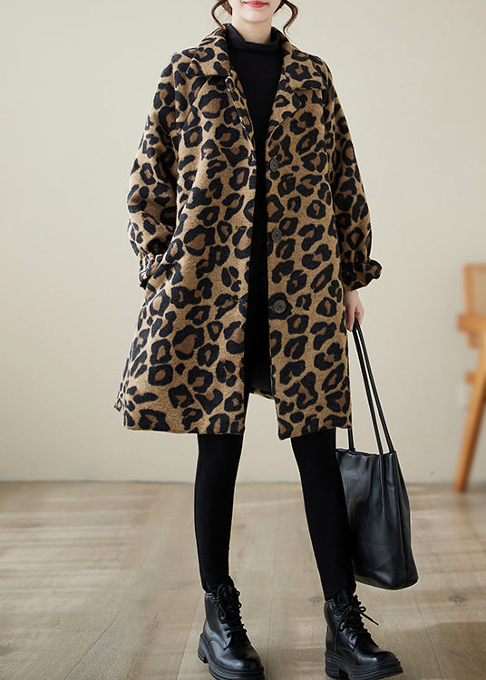 Classy Khaki Oversized Leopard Print Woolen Coats Winter