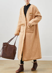 Classy Khaki Oversized Pockets Faux Fur Teddy Coats Spring