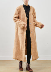 Classy Khaki Oversized Pockets Faux Fur Teddy Coats Spring