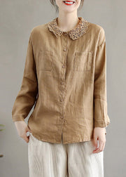 Classy Khaki Peter Pan Collar Lace Patchwork Linen Shirts Long Sleeve