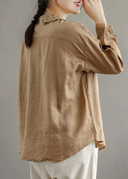 Classy Khaki Peter Pan Collar Lace Patchwork Linen Shirts Long Sleeve