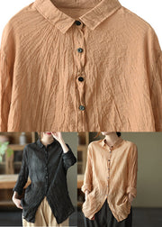 Classy Khaki Peter Pan Collar Wrinkled Silk Linen Shirt Long Sleeve