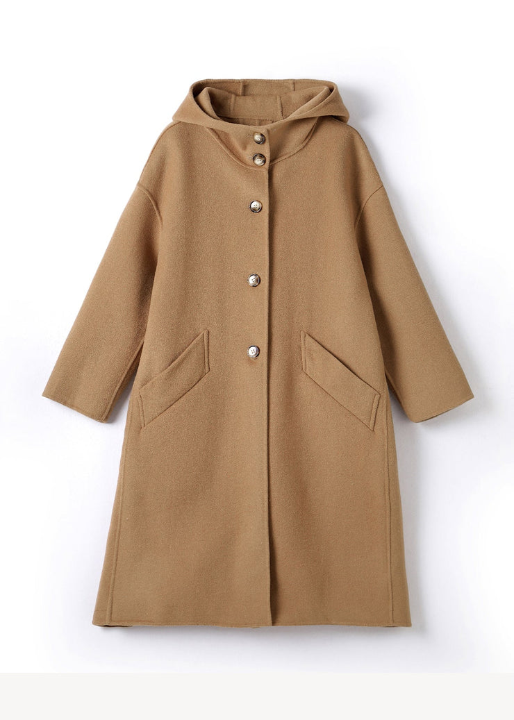 Classy Khaki Pockets Button Patchwork Woolen Hoodies Coat Winter