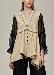 Classy Khaki Ruffled Button Chiffon Patchwork Coats Fall