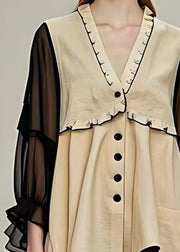 Classy Khaki Ruffled Button Chiffon Patchwork Coats Fall