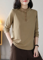 Classy Khaki Stand Collar Slim Fit Wrinkled Cotton Blouse Tops Spring