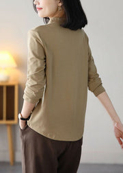 Classy Khaki Stand Collar Slim Fit Wrinkled Cotton Blouse Tops Spring