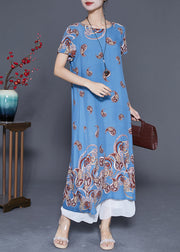 Classy Light Blue Oversized Print Cotton Vacation Dresses Summer