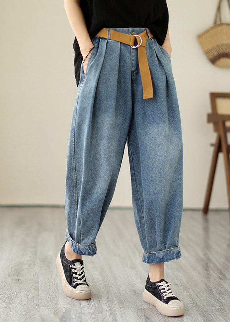 Classy Light Blue Oversized Wrinkled Denim Harem Pants Summer