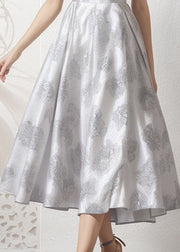 Classy Light Grey Ruffled Print Patchwork Silk Dress Summer